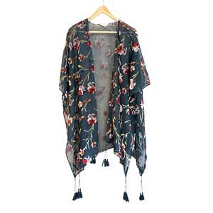 Japna XL Teal Dark Green Cut Velvet Floral Sheer tassle Open Kimono Boho